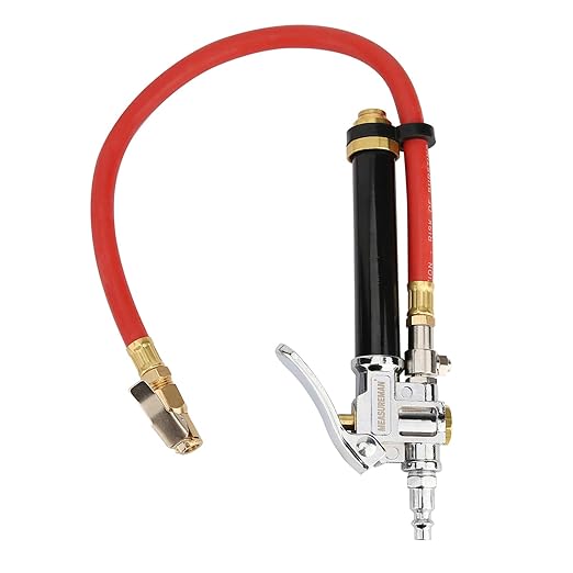 MEASUREMAN Heavy Duty Bayonet Style Tire Inflator, Aluminum Body, 20" Red Hose, Clip On Air Chuck, Aluminum Slide, Range 10-130psikpa