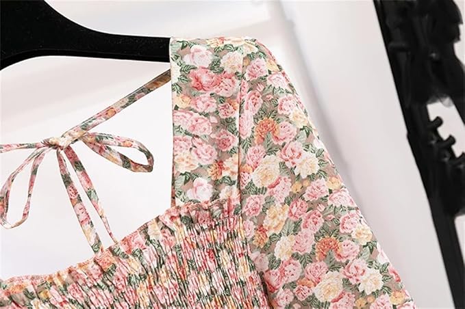 Women Casual Dress Long Sleeve Printed Floral Elastic Chest Lace Up A-Line Midi Chiffon Dresses