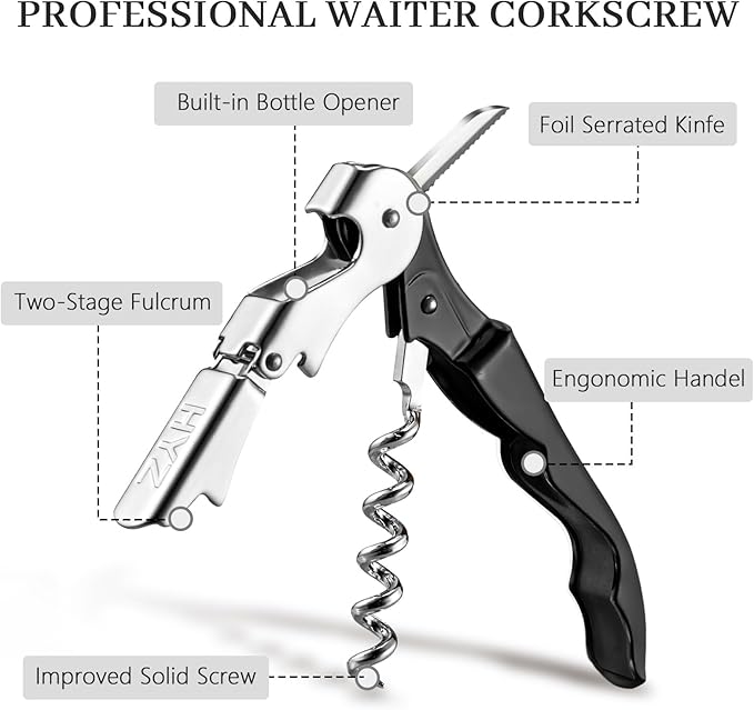 HYZ 4-Pack Wine Opener Waiter Corkscrew, Professional Wine Key for Servers, Bartender with Foil Cutter, Manual Wine Bottle Opener Double Hinged (Black)