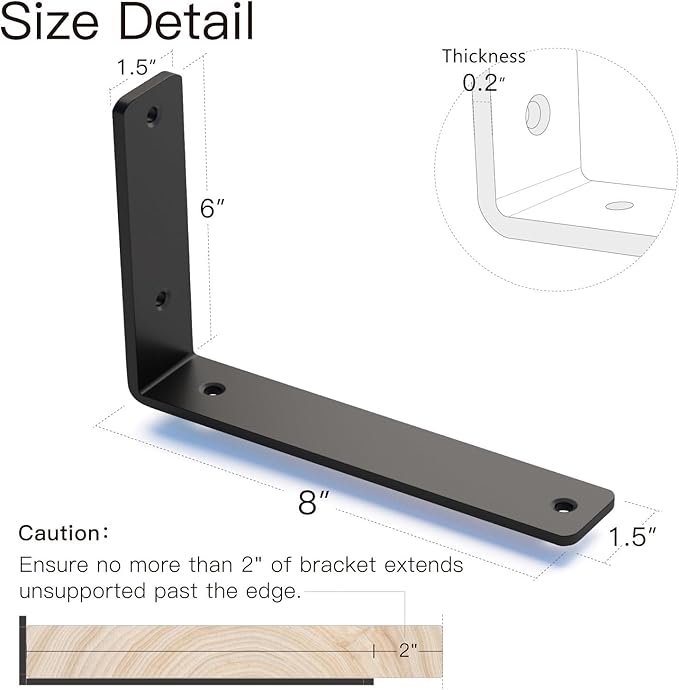 4 Pack 8 Inch Floating L Shelf Brackets for DIY,15 Inch Thick Heavy Duty Metal Shelf Bracket for Wall,Premium Black Powder Coated Steel