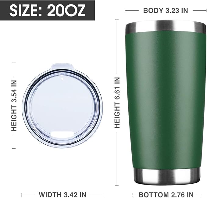 20oz Tumbler Bulk Stainless Steel Vacuum Insulated Tumblers with Lid Double Wall Travel Mug, Powder Coated Coffee Cup, Suitable for Ice Drinks and Hot Beverage (Dark green 1pack)