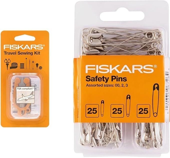 Fiskars 27-Piece Travel Sewing Set with Case - Craft Supplies - Orange Assorted Safety Pins - Assorted 3-Size Safety Pin Set - Sewing Accessories and Supplies - 75-Piece