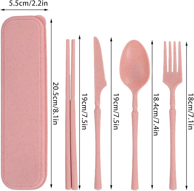 Reusable Travel Utensils Set with Case, Wheat Straw Portable Plastic Fork Spoon Knife Chopsticks Camping Cutlery, Eco-Friendly BPA Free Tableware Picnic Flatware for Kids Adults or Daily Use (Pink)
