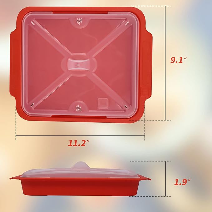 MMUGOOLER Microwave Easy Bacon Maker/Cooker with Lid, Safety, Quick and with No Mess, 11.3" L x 9.0" W x 2.4" H- Red