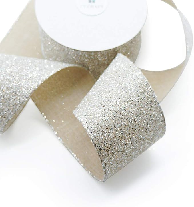 CT CRAFT LLC Sparking Silver Glitter Wired Ribbon 2.5" x 10 Yards TanSilver for Christmas Home Decor Bow Gift Wrapping DIY Crafts Wreath