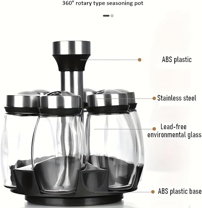 360 Rotating Spice Rack, 6PC Spinning Glass Spice Jars Suitable for kitchen countertops, spice storage, cooking, outdoor BBQ,(Spices Not Included)