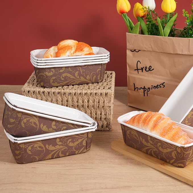 50 PCS Paper Loaf Pans for Baking, 7 Inch Disposable Baking Pans with Clear Plastic Bags and Ties, Rectangle Paper Bread Pans for Cake Bread Oven Loaf Bakery
