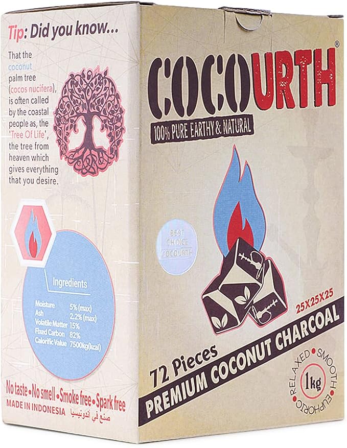 100 Natural Hookah Coconut Shell Charcoal Cube 25x25x25mm 72 PCS Electric Burner Briquettes Used Also for Cooking, Grilling, Barbecuing, Incense Narguile Coal (1kg)