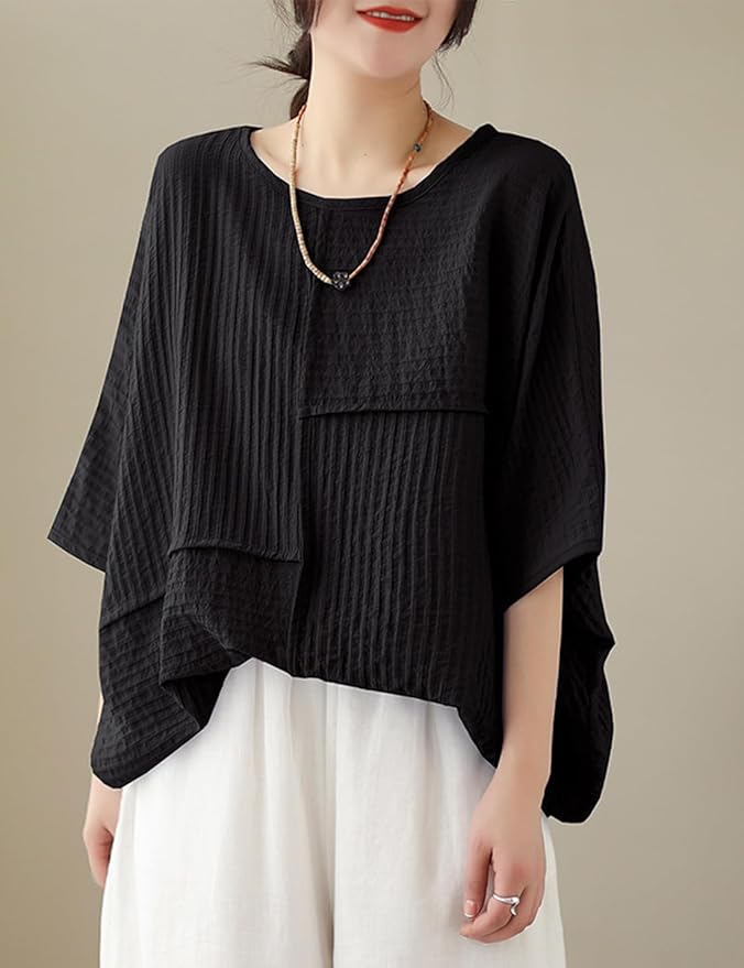 Women's Loose Cotton Linen T-Shirt Short Sleeve Tops Round Neck Bat Shirt Solid Colour Shirt