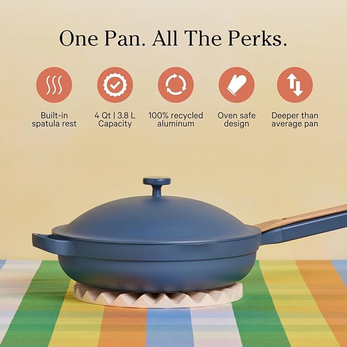 Our Place Large Always Pan 2.0-12.5 (4 Qt) Nonstick, Toxin-Free Ceramic Cookware Patented 10-in-1 Aluminum Frying Saute Pan Safe for Oven, Induction All Cooktops up to 450F Blue Salt