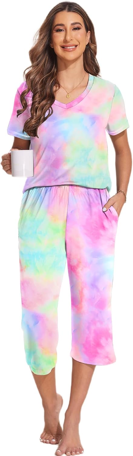 Two-Piece Pjs V Neck Tops & Capri Pants Printed Lounge Sets S-3XL