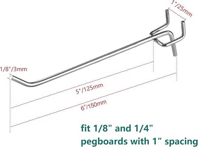 50 Pcs Pegboard Hooks 6 Inch, Heavy Duty Peg Hooks, Metal Shelving Hooks fits 14 and 18" Pegboard Garage Storage Organizer