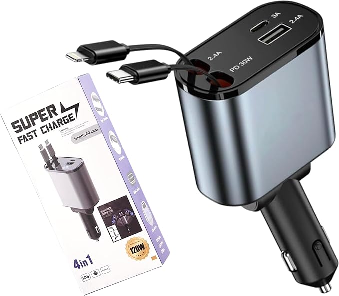 4-in-1 Retractable Car Charger USB Type C Cable - 120W Fast Charging Adapter with Dual USB Ports Retractable Cable, Compatible with iPhone, Samsung Galaxy and Pixel Phones.