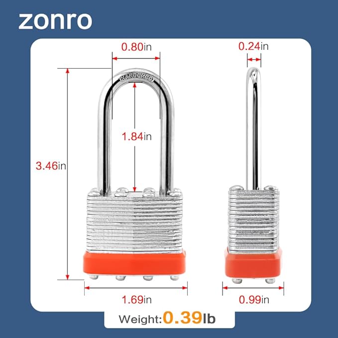 ZonRo Locks Laminated Steel Keyed Padlocks,Keyed Alike Locks, 1-916 inch Wide,Long Shackle Padlocks, Pack of 6,Orange Hoop, for Hasp Latch, Sheds, Fences, Storage Locker, School, Gym