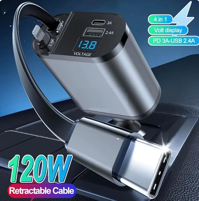 4-in-1 Retractable Car Charger USB Type C Cable - 120W Fast Charging Adapter with Dual USB Ports Retractable Cable, Compatible with iPhone, Samsung Galaxy and Pixel Phones.