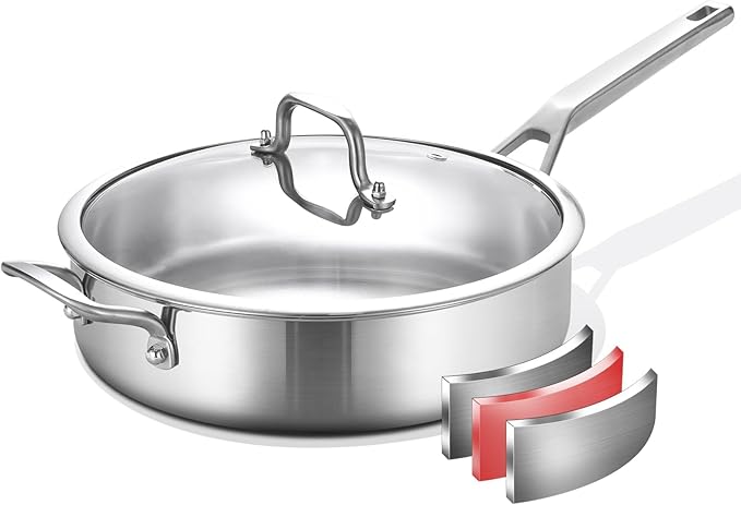 Tri-Ply Stainless Steel Saute Pan 6QT, 12 Inch Deep Frying Pan with Lids, 3-layer Saute Pan with Lid Large Skillet with Stay Cool Handle, Induction Pan, Dishwasher and Oven-Safe