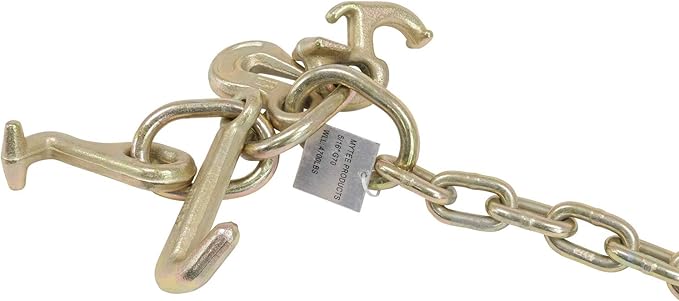 Mytee Products 516"x8' Leg G70 15" Long Shank J Hook Tow Chain wRTJ Cluster Hook Grab Hook - 4700 lbs WLL Heavy Duty Transport Truck Chain for Car Wrecker Recovery - Towing Equipment