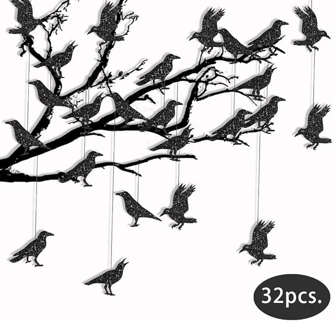 Cheerland Glitter Black Crow Halloween Decorations for Gothic Halloween Tree Hanging Decoration Bird Raven Banner Stick Decal Garland Backdrop Centerpiece for Theme Birthday Wedding Party Supplies
