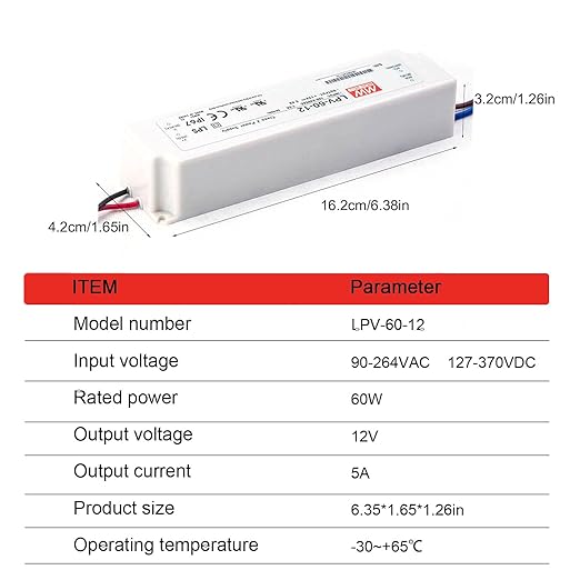 12V 60W Waterproof LED Driver & LPV-60-12 Power Adapter | IP67 Fanless Converter for LED Strips, CCTV, IoT Devices | 90-264VAC Input