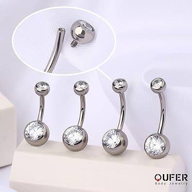 OUFER Titanium Belly Button Rings, Internally Threaded 14mm Long Belly Ring, Round CZ Navel Rings for Women Men
