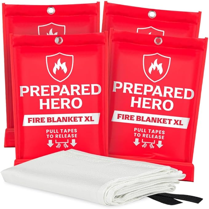 Prepared Hero Extra Large Emergency Fire Blanket - 4 Pack - Extra Large Fire Suppression Blanket for Kitchen, 47Au x 71Au XL Fire Blanket for Home, Fiberglass Fire Blanket, XL