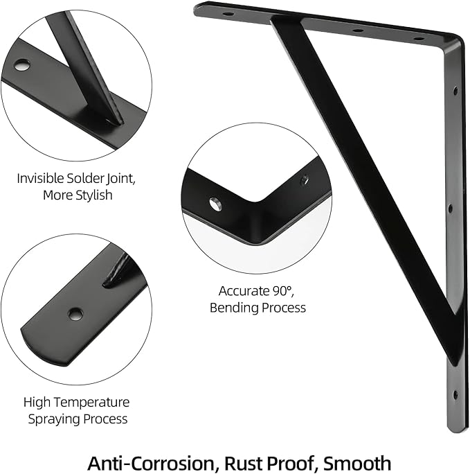 12"x 8" Heavy Duty Shelf Brackets, Load Capacity: 600 lb, 90 Degree Black Metal Supports for Shelves 2-Pack, Wall Mounted L Bracket for Floating Shelving with Screws, HOME MASTER HARDWARE