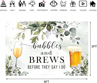 Lofaris Greenery Bubbles and Brews Before They Say I Do Party Backdrop Eucalyptus Engagement Couples Shower Bachelorette Wedding Photography Background Photo Studio Booth Props 5x3ft