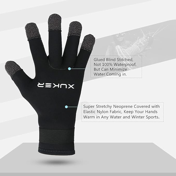 XUKER Water Gloves, 3mm & 5mm Neoprene Five Finger Warm Wetsuit Winter Gloves for Scuba Diving Snorkeling Surfing