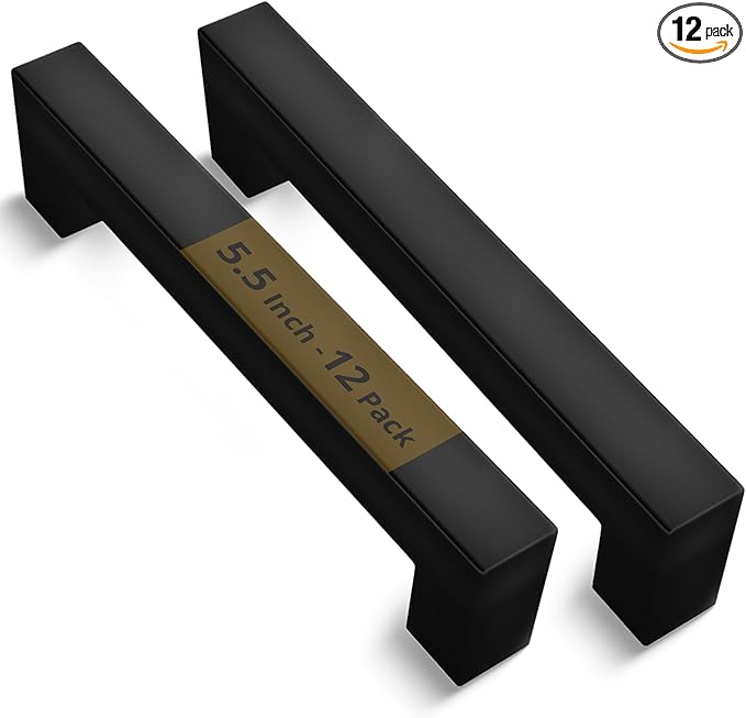 Mega Handles 12 Pack I Cabinet Pulls 5.5 Inch, Stainless Steel Cabinet Handle Pulls I Ideal for Kitchen Drawer, Cabinets, Door, Cupboard I Hardware for Cabinets - Hole Distance 5 Inch - Matte Black