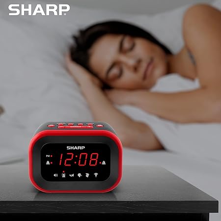 Sharp Big Bang Super Loud Alarm Clock for Heavy Sleepers, 6 Extremely Loud Wake Up Sounds: Rooster, Bugle, Nagging Mom, Jackhammer, Siren, Beep Up to 115db Volume, RedBlack with Red LED Display