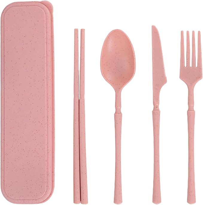Reusable Travel Utensils Set with Case, Wheat Straw Portable Plastic Fork Spoon Knife Chopsticks Camping Cutlery, Eco-Friendly BPA Free Tableware Picnic Flatware for Kids Adults or Daily Use (Pink)