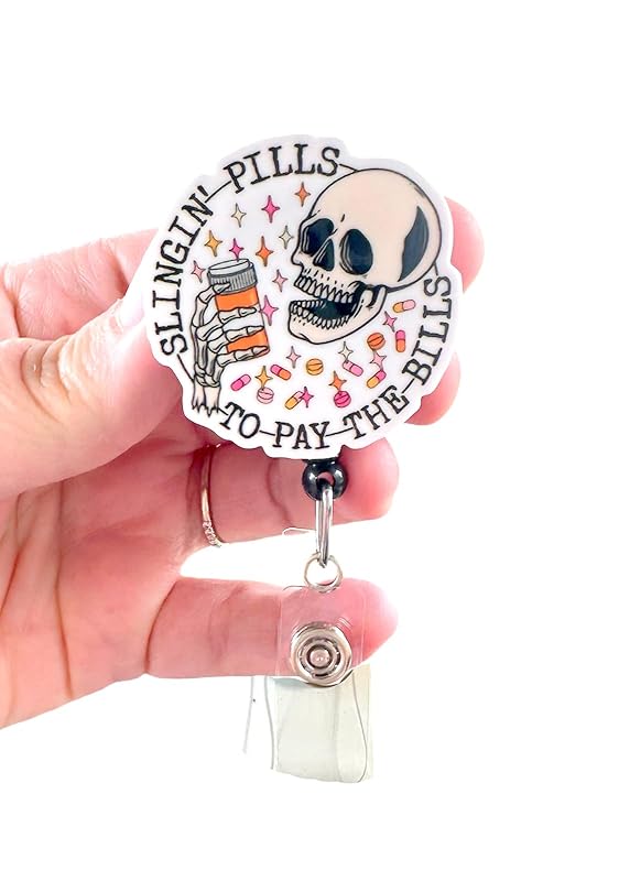 Slingin' Pills to Pay the Bills, Acrylic, Pharmacy Badge, Pharmacist, Nurse, Retractable Badge Reel With Swivel Clip and Extra-Long 34 inch cord - Badge Holder