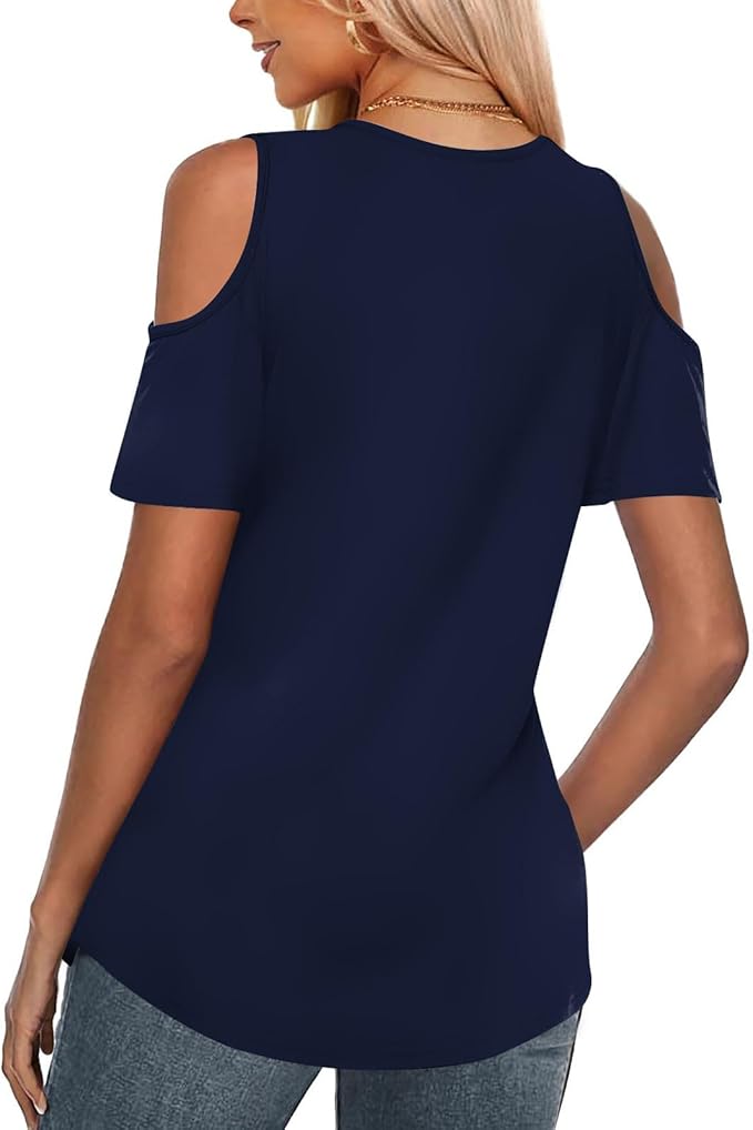 Womens Cold Shoulder Tops Short Sleeve Dressy Casual Shirts Summer Fashion V Neck Basic Tees