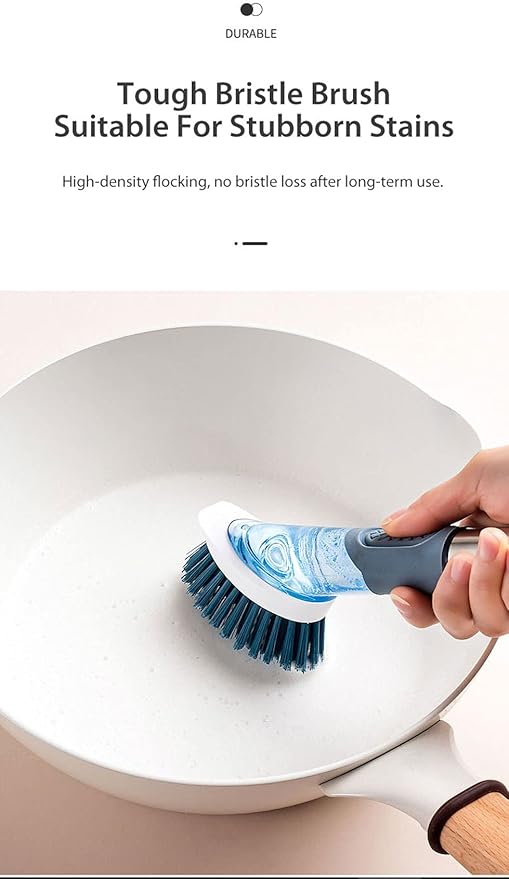 The Blue Soap Dispenser Dish Brush includes 2 refills: Stainless Steel TPR and Sponge Bristles, Long Handle and Dishwashing Cleaning Brush, Safe Non-Stick (Blue)