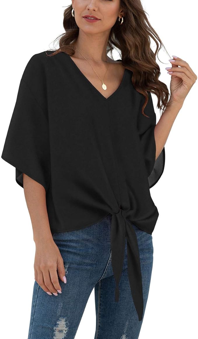 VIISHOW Womens Tie Front Chiffon Blouses V Neck Batwing Short Sleeve Summer Tops Shirts Cropped Top