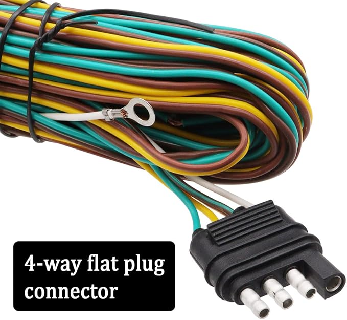 25ft Flat 4 Wire Trailer Light Wiring Harness Extension Kit, 18 Gauge White Ground Wire Trailer Wiring Harness for O-016 Trailers