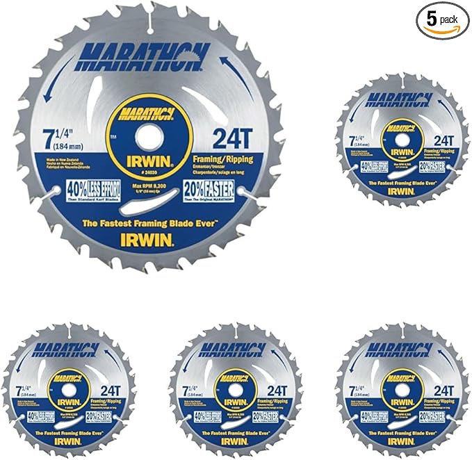 IRWIN Tools Marathon Carbide Corded Circular Saw Blade, 7 14-inch, 24T (24030) (Pack of 5)