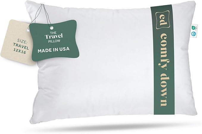Goose Down Travel Pillow - Filled with 800 Fill Power European Goose Down, Egyptian 300 Thread Count 100 Cotton Cover for Plane car Home - Made in USA (12x16)
