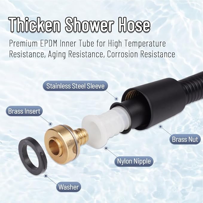 Shower Hose, Thickened Shower Head Hose Replacement, Kink-Free 304 Stainless Steel Handheld Shower Hose Extension, Flexible RV Shower Hose Attachment, 59 Inches, Black