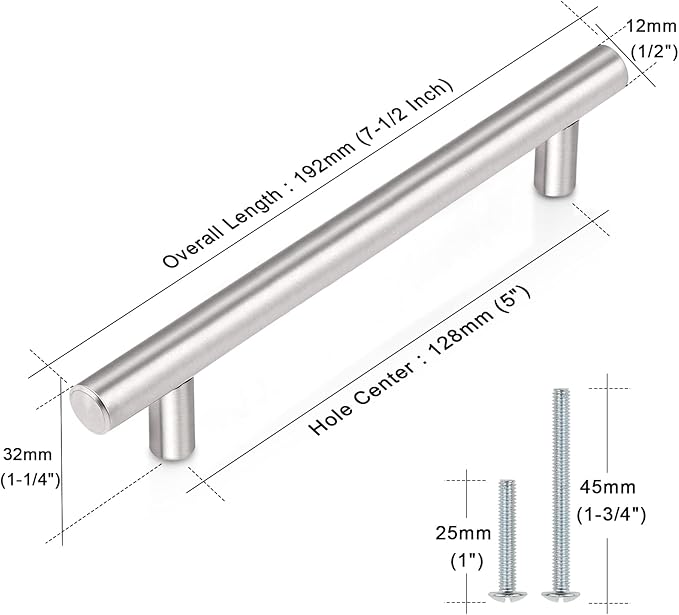 Probrico (10 Pack 5" Hole Centers Satin Nickel Cabinet Pulls Euro T Bar Handle Pulls Stainless Steel Kitchen Bathroom Furniture Cabinet Pulls
