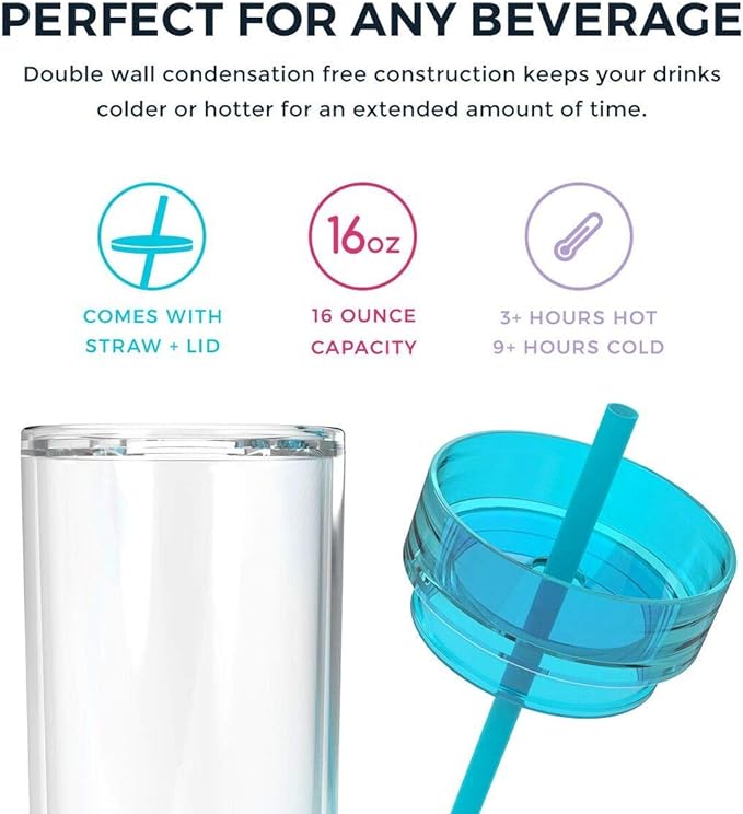 Maars Drinkware Double Wall Insulated Skinny Acrylic Tumblers with Straw and Lid, 16 oz. (4 pack, Clear)