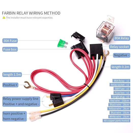 FARBIN Air Horn Relay Wiring Harness Kit 12V 80 AMP for Car Truck Motorcycle (Relay 4 pin Single Horn Wiring Harness, 12V)