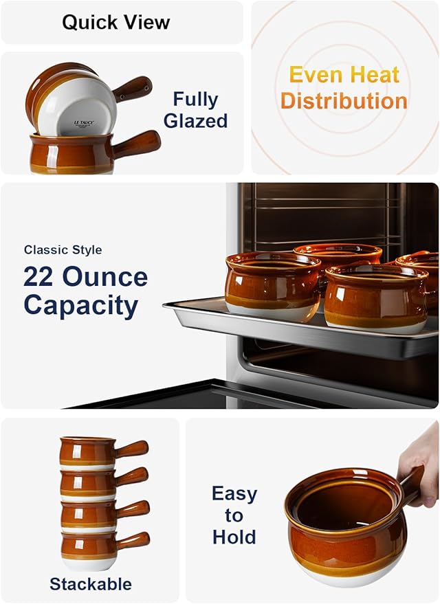 LE TAUCI French Onion Soup Bowls, 22 Ounces Ceramic Soup Bowls with Handles for Soup, Cereal, Chilli, Beef Stew, Soup Crocks Oven Safe and Stackable, Set of 4