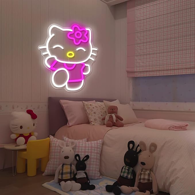 Hello Kit Neon Sign Dimmable Kitty Neon Sign Kawaii Cat Anime Neon Sign Kitty Room Decor Lights for Girl's Room Child Bedroom Birthday Halloween Christmas Gift 14.7AoAox12.5AoAo