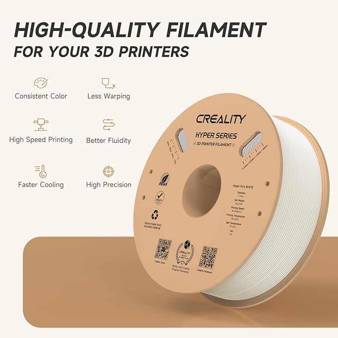 Official Creality Hyper PLA Filament 1.75mm, High Speed PLA 30-600mms 3D Printer Filament, Dimensional Accuracy -0.02mm, Fit Most FDM 3D Printers,1KG(2.2lbs) Spool White