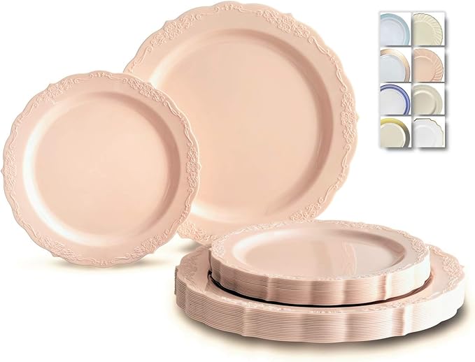 " OCCASIONS " 50 Plates Pack (25 Guests)-Vintage Wedding Party Disposable Plastic Plate Set -25 x 10'' Dinner + 25 x 7.5'' Salad/Dessert plates (Verona Blush Pink/Antique Rose)