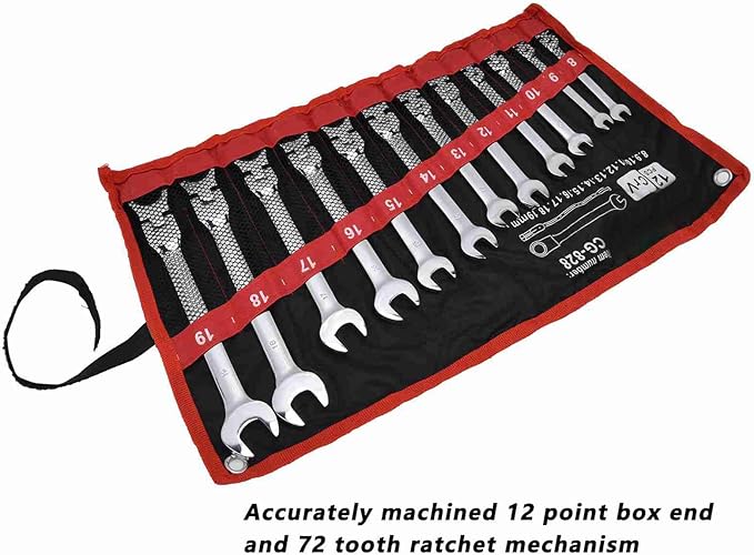 12Pcs Ratcheting Wrench Set, 8?19mm Ratchet Combination Wrenches Set,Metric Combination Chrome Steel 8?19mm with Storage Bag (movable head)