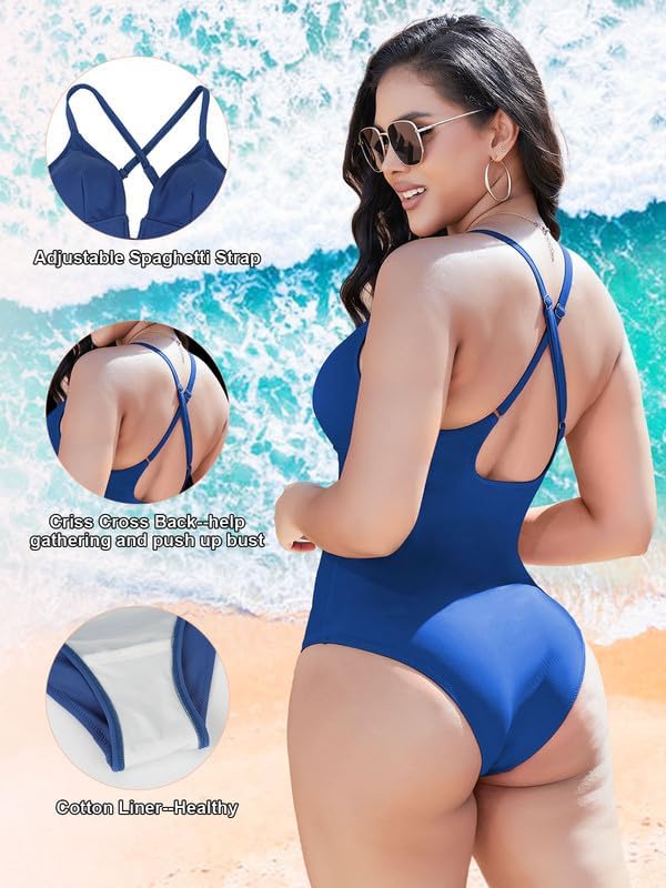 SHAPERIN Women Swimsuit One Piece Bathing Suits Tummy Control Sexy Deep V Neck Padded Push Up Swimwear Monokini