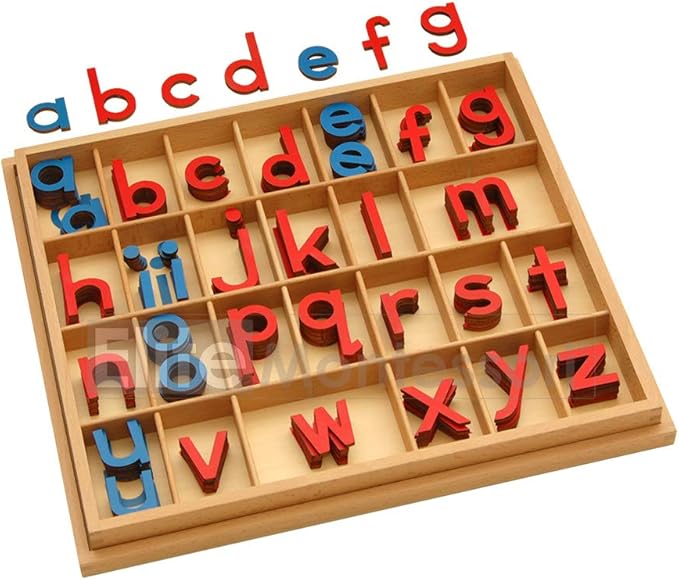 Elite Montessori Wooden Movable Alphabet with Box Preschool Spelling Learning Materials (Red Blue, 5mm Thick)