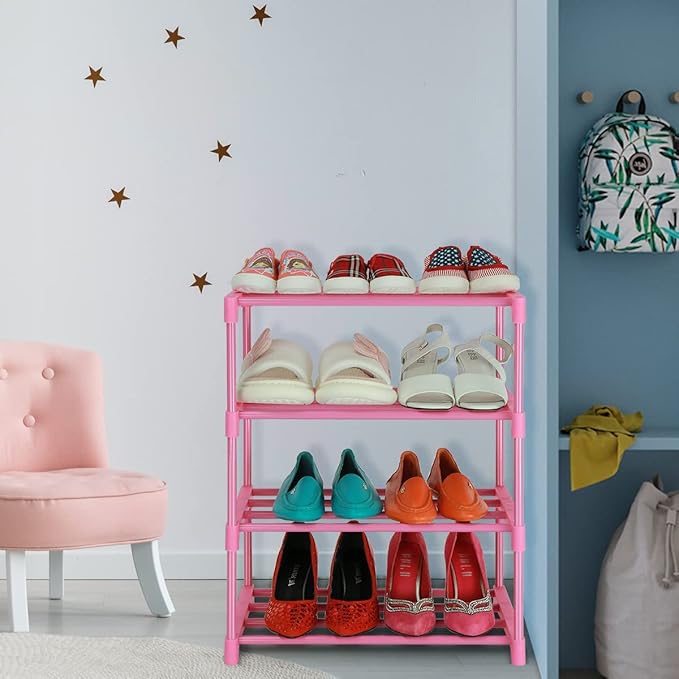 LNYZQUS Small Kids Shoe Rack, 4 Tier Pink Shoe Organizer Shoe Shelf for Closet,Stackable Narrow Shoe Stand Slim Zapateras Organizer,Cute Toddler Shoe Rack Floor for Women Girls-Full Pink